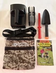 Metal Detecting Sand Scoop, Camo Pouch, Trowel & Scraper, Garrett Box Book Lot. Fixed Price $38.00.